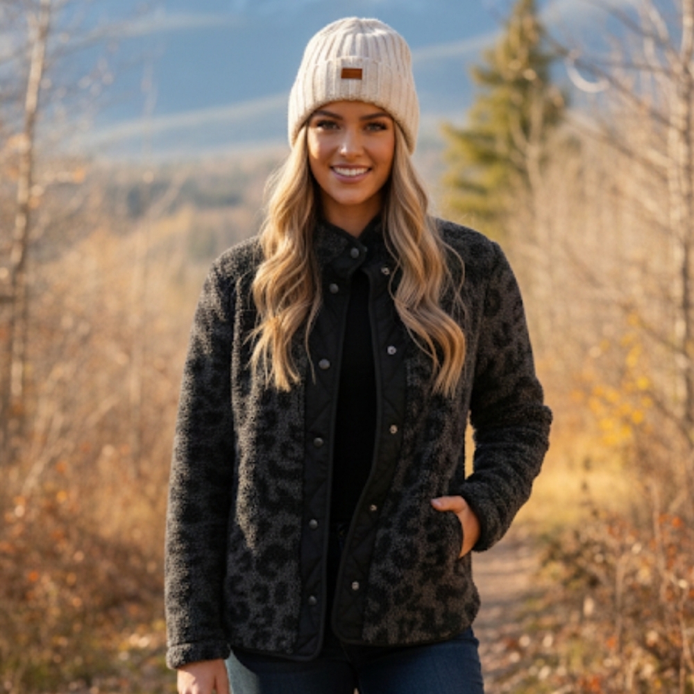 Cozy Sherpa Leopard Print Jacket Women's Black Gray Snap Front Pockets small 329
